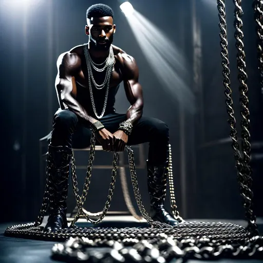 Prompt: Full length Beautiful short hair black man sitting down wrapped in big heavy metal slave chains, handcuffs cinematic lighting, realistic, super detailed, confident