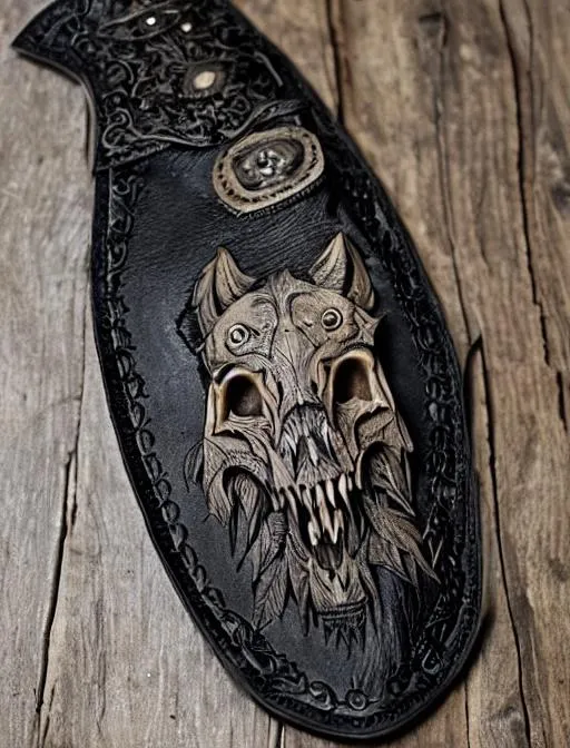 Prompt: An intricate carved leather hunting knife sheath about a wolf skull