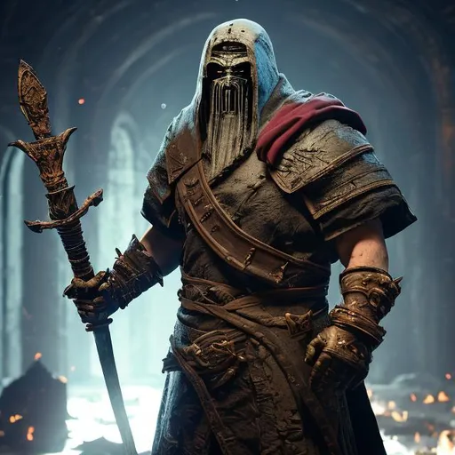 Prompt: old man, Tall, Intimidating, Large, male,  very dark white scarred skin, covered in bandages, gold tattered cloth armor exposes his midriff, hood of magical darkness mask like Xûr, Agent of the Nine in destiny, large red gem between pecs in chest, Barbarian, Strong, wielding large two-handed great-axe, Fantasy setting,