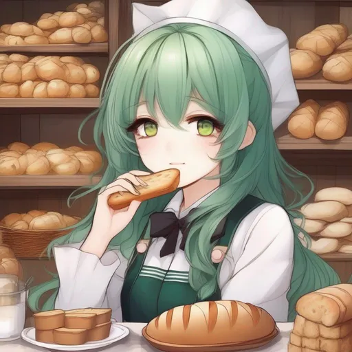 Prompt:   anime girl manhwa style cute and pretty, with eye pretty detailed, bread , with green hair, 