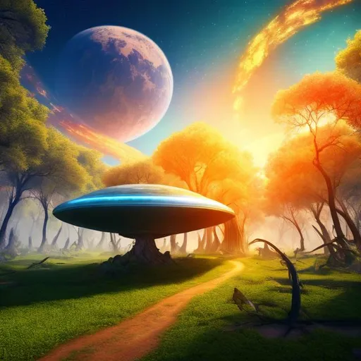Prompt: A crashed UFO into the earth. Post-apocalyptic forest, lush green trees, vibrant, colorful, magic ruins ambiance. Joyful, surreal, sharp focus, UHD, 8k.