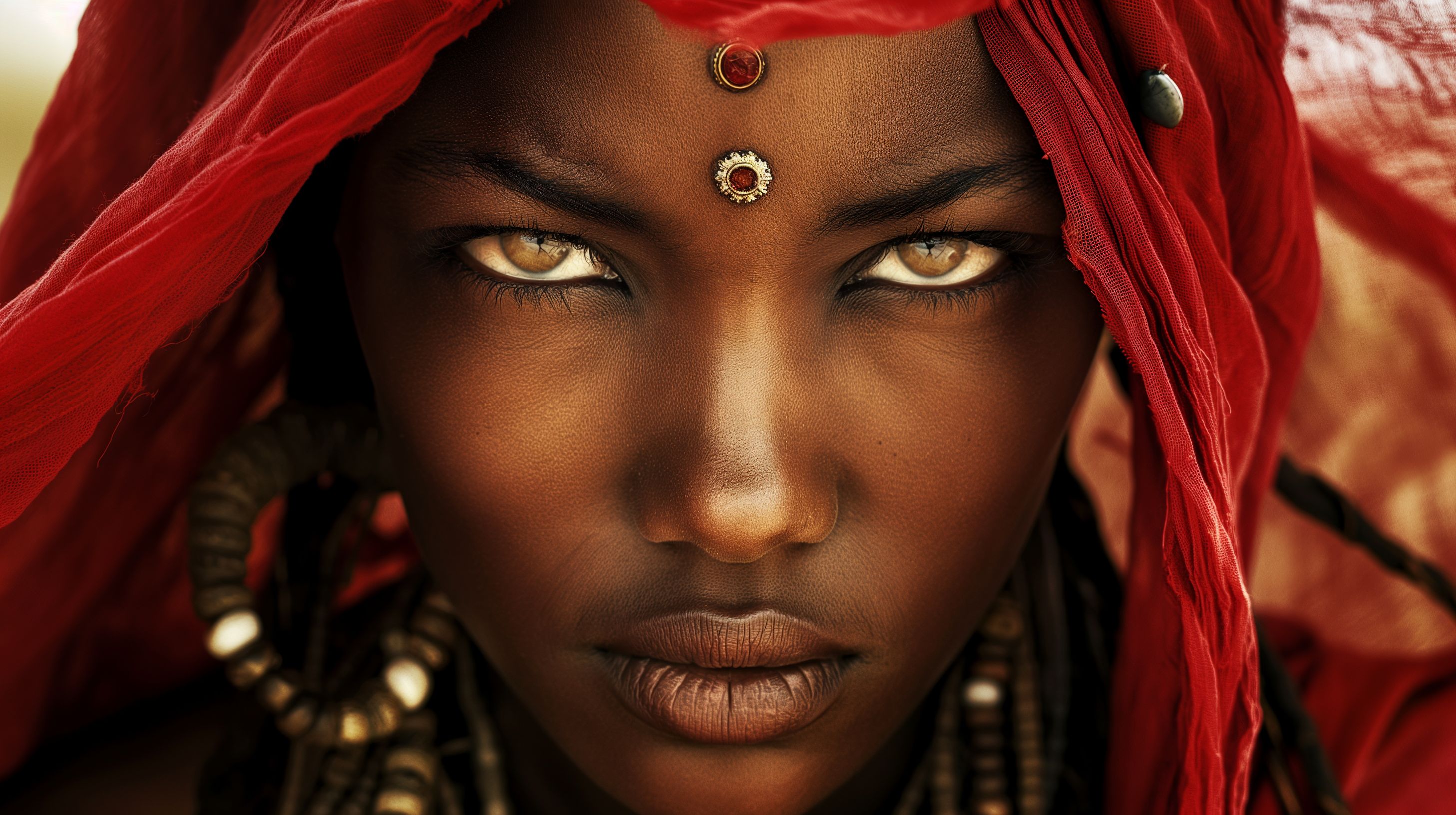 Prompt: attractive dark skin warrior women, tribe from africa, red cloth clothing with beads, peircing eyes, national geographic cover, styled after afgan girl - serious and somber look with a stone cold stare directly at focal point, realistic living with dirt, beauty and conflict --ar 16:9 --c 2 --v 6.0