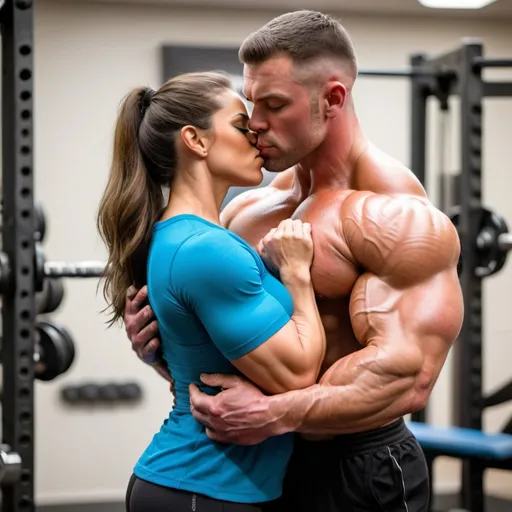 Prompt:  hot stocky muscular swole guy cradles a woman in his arms, their bodies fitting together. Their lips meet in a kiss