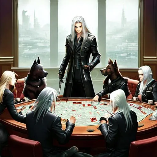 Prompt: Sephiroth from Final Fantasy and his army of dogs having a nice party and playing poker together