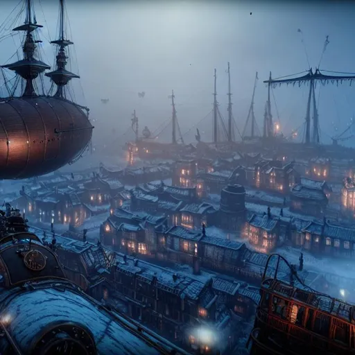 Prompt: steampunk airship village frostpunk London China 8k HDDR