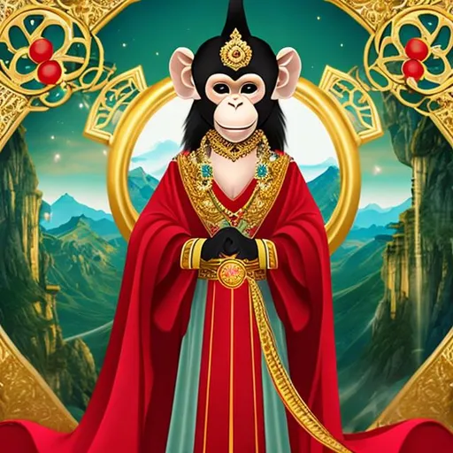 Prompt: Monkey empress, green eyes, wearing a long red dress and blue coat, holding a giant golden cross