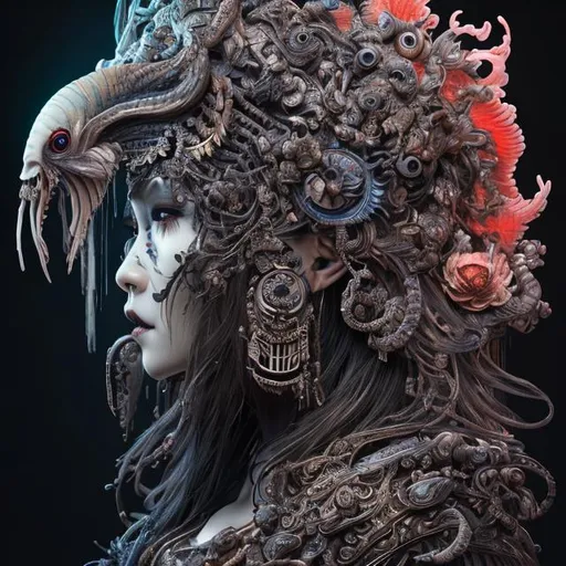 Prompt: "3 d goddess of death close - up profile portrait with ram skull. beautiful intricately detailed japanese crow kitsune mask and clasical japanese kimono. betta fish, jellyfish phoenix, bio luminescent, plasma, ice, water, wind, creature, artwork by tooth wu and wlop and beeple and greg rutkowski"