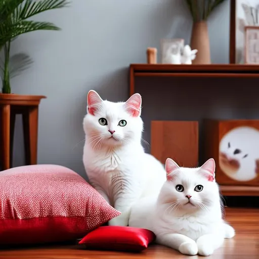 Prompt: Cute white cat, sitting on red silk pillow with bleue eyes, in the background louis style fourniture, cinematic, realistic, 