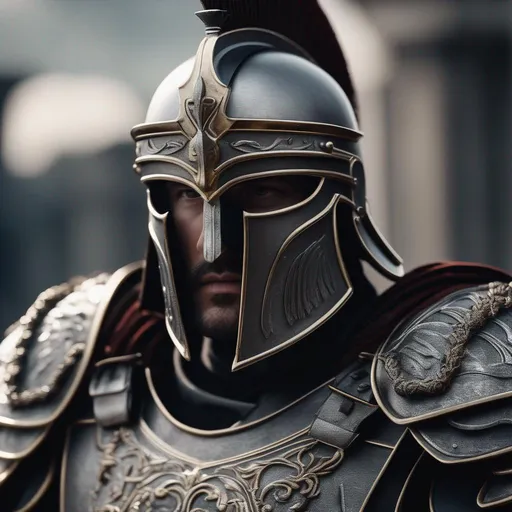 Prompt: a futurist centurion roman wearing iron mask in face, Black and gray platearmor with galea helmet of roman armor, Highly Detailed, Hyperrealistic, sharp focus, Professional, UHD, HDR, 8K, Render, electronic, dramatic, vivid, pressure, stress, nervous vibe, loud, tension, traumatic, dark, cataclysmic, violent, fighting, Epic, 

