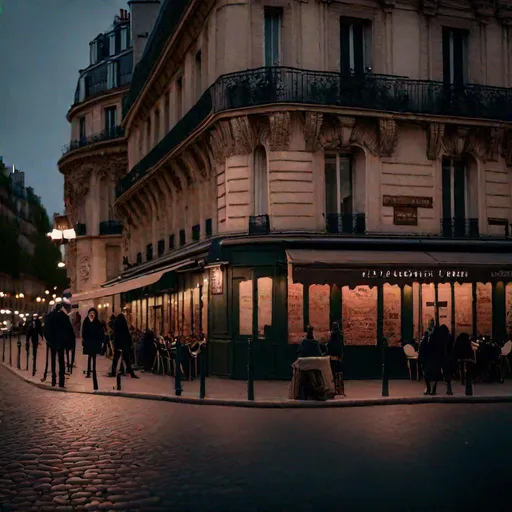 Prompt: A street scene in Paris, taken at dusk with a Fujifilm X-T3 and a 35mm f/1.4 lens. The mood of the image is romantic and nostalgic.