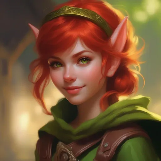 Prompt: oil painting, D&D fantasy, young green-skinned-goblin girl, green-skinned-female (tiny petite body), beautiful face, very cute, mischievous grin, short fiery red hair, pigtails, pointed ears, fangs, looking at the viewer, wearing adventurer's outfit #3238, UHD, hd , 8k eyes, detailed face, big anime dreamy eyes, 8k eyes, intricate details, insanely detailed, masterpiece, cinematic lighting, 8k, complementary colors, golden ratio, octane render, volumetric lighting, unreal 5, artwork, concept art, cover, top model, light on hair colorful glamourous hyperdetailed medieval city background, intricate hyperdetailed breathtaking colorful glamorous scenic view landscape, ultra-fine details, hyper-focused, deep colors, dramatic lighting, ambient lighting god rays, flowers, garden | by sakimi chan, artgerm, wlop, pixiv, tumblr, instagram, deviantart
