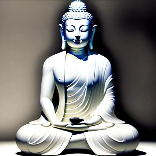Prompt: b&w thin buddha sitting in cyberspace, iconic, highly stylized, blank background