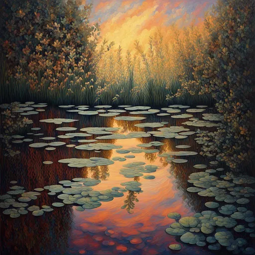 Prompt: Amidst a quiet forest glade, the waters of a serene pond shimmer with kaleidoscopic reflections of the changing sky above. Each ripple, a testament to the wind's whisper, reshapes the radiant colors, embodying the transient nature of introspection. In this ever-shifting tableau, the pond becomes an allegory for the mutable essence of self-understanding. Art by Armand Guillaumin