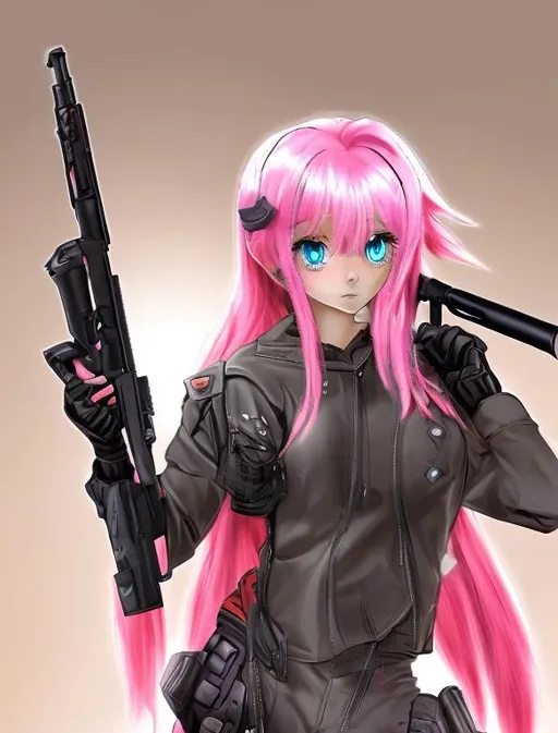 Prompt: Anime pink hair with gun in military attire