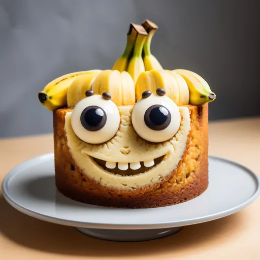 Prompt: A smiling banana cake with big eyes