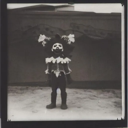 Prompt: Dark polaroid of a creepy clown standing near the playground dressed in a frilly outfit.