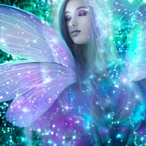 Prompt: fairy goddess, ethereal,dreamscape, cosmos, pale blue colors, closeup