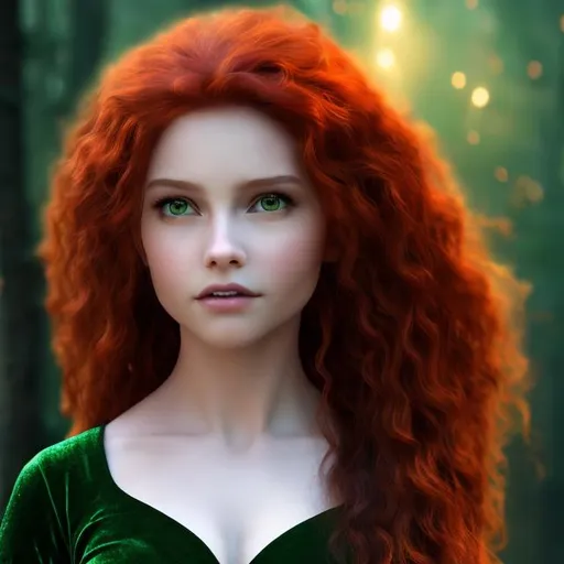 Prompt: professional modeling photo live action merida human woman hd hyper realistic beautiful scottish woman red hair fair skin green eyes beautiful face green velvet dress silver jewelry enchanting forest at night hd background with live action realistic lanterns
