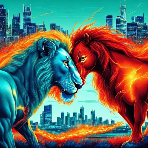 Prompt: Honolulu Blue lion and Bright Red Horse Staring Fiercely at each other, Muscular Body, with a flaming mane, Realistic, Powerful, Teal Detroit City Skyline in Background, Close-up of twinkling glimmering eyes, 313SportsGuru Watermark
