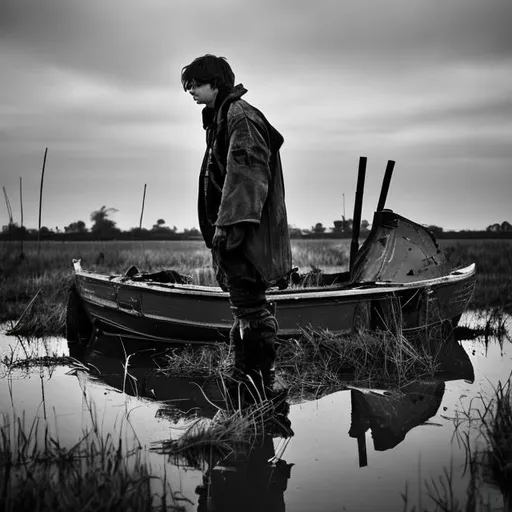 Prompt: 
In a dirty marsh with a beat up shot gonna beat up boat and a teenage girl with brown hair