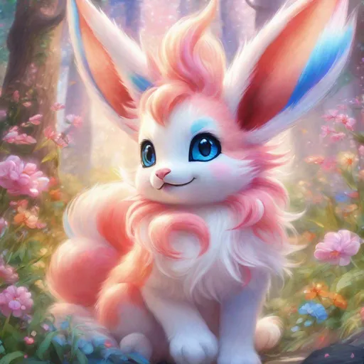Prompt: (Sylveon), realistic, photograph, fantasy, epic watercolor painting, (hyper real), furry, (hyper detailed), extremely beautiful, (on back), sprawled, paws in the air, playful, UHD, studio lighting, best quality, professional, ray tracing, 8k eyes, 8k, highly detailed, highly detailed fur, hyper realistic thick fur, canine quadruped, (high quality fur), fluffy, fuzzy, full body shot, zoomed out view of character, hyper detailed eyes, perfect composition, ray tracing, masterpiece, trending, instagram, artstation, deviantart, best art, best photograph, unreal engine, high octane, cute, adorable smile, lying on back, flipped on back, lazy, peaceful, (highly detailed background), vivid, vibrant, intricate facial detail, incredibly sharp detailed eyes, incredibly realistic scarlet fur, concept art, anne stokes, yuino chiri, character reveal, extremely detailed fur, sapphire sky, complementary colors, golden ratio, rich shading, vivid colors, high saturation colors, nintendo, pokemon, silver light beams
