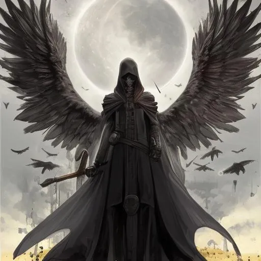 Prompt: redemption from a corrupt world full of evil, darkness, gloomy, sun, moon, starts, mech, angel of death, grim reaper