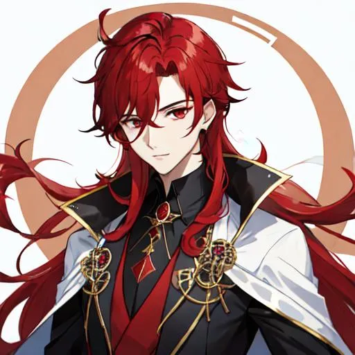 Prompt: Zerif 1male (Red side-swept hair covering his right eye) wearing a black royal suit, white cape, 