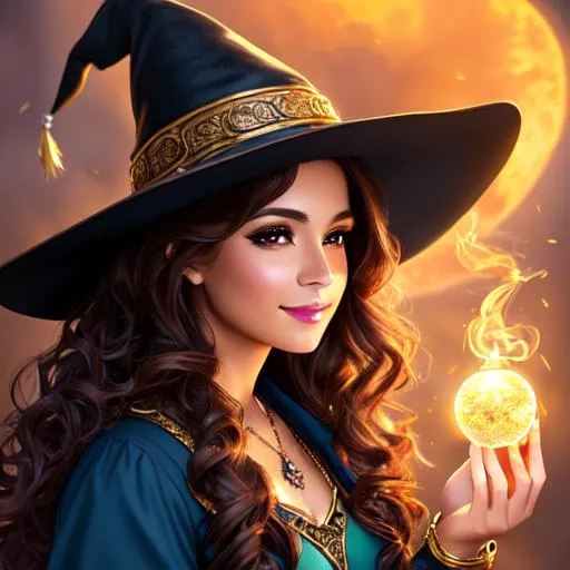 Prompt: 4K, 16K, high quality, extremely detailed, highly realistic, picture quality, latina, brown long hair (curly - wavy ) (female), fantasy, witch (female), playful, happy, casting a air spell