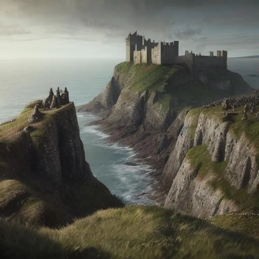 Prompt: 2 medieval warriors ::0.4 travelling on a cliff to a background castle , view of a coast line landscape , English coastline, Irish coastline, scottish coastline, perspective, folklore, King Arthur, Lord of the Rings, Game of Thrones. Photographic, Photography, photorealistic, concept art, Artstation trending , cinematic lighting, cinematic composition, rule of thirds , ultra-detailed, dusk sky , low contrast, natural lighting, fog, realistic, light fogged, detailed, atmosphere hyperrealistic , volumetric light, ultra photoreal, | 35mm| , Matte painting, movie concept art, hyper-detailed, insanely detailed, corona render, octane render, 8k, --ar 3:1 --no blur