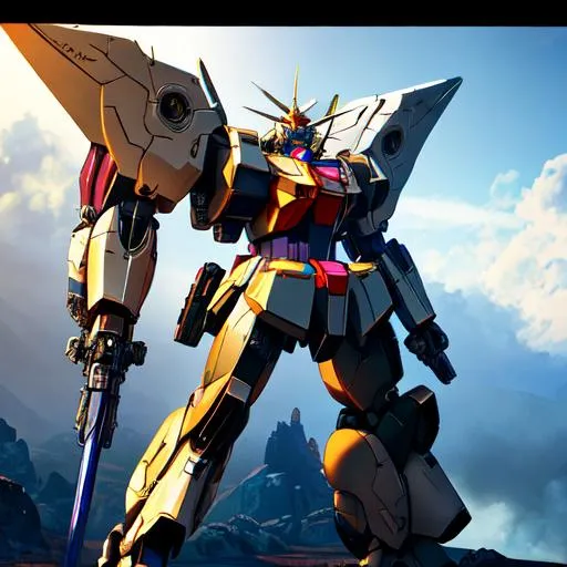 Prompt: Gundam, frame inversion, detailed face, large mech laser wings, large mech shield, large sword in its hand, armored core V Mech, hyperdetailed intricately detailed, unreal engine, fantastical, intricate detail, splash screen, complementary colors, concept art, 8k, cinematic, deviantart masterpiece,