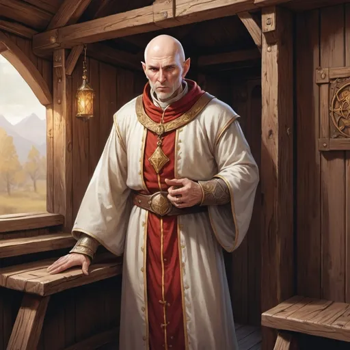 Prompt: Full body, Fantasy illustration of a male cleric, very old, bald, pale complexion, red and golden rob, worried expression, high quality, rpg-fantasy, detailed, in a wooden cabin