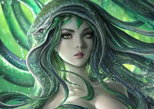 Prompt: UHD, , 8k,  oil painting, hyper realism, Very detailed, zoomed out view of character, full body of character, ((bottomless) ((topless)) a greyish green skin colored female squid character  greyish green skin and has tentacles for hair, she has tentacles for hair, she has aquatic fish like eyes and fin shape ears, scales on skin