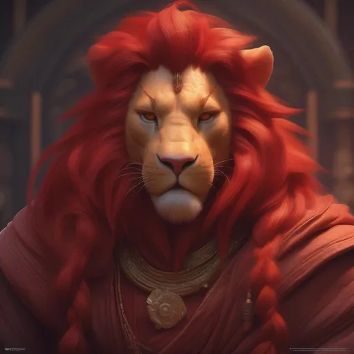 Prompt: "Braided red mane lion Monk with auburn red fur dnd"

"head and shoulders portrait, 8k resolution concept art portrait by Greg Rutkowski, Artgerm, WLOP, Alphonse Mucha dynamic lighting hyperdetailed intricately detailed Splash art trending on Artstation triadic colors Unreal Engine 5 volumetric lighting"
