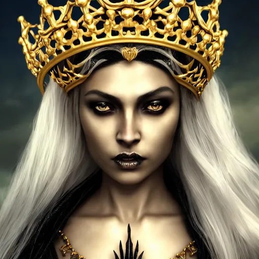 Prompt: Full length queen of the damned with white hair in a crown in a black dress, golden glow, smooth soft skin, serious eyes looking at the camera, soft lighting, detailed face, deep color, splash screen, complementary colors, fantasy concept art, 8k resolution, trend on Artstation Unreal Engine 5, Artgerm, WLOP, dynamic lighting, hyper detail, complex detail, splash, trend on Artstation process colors, Unreal Volumetric Lighting Engine 5