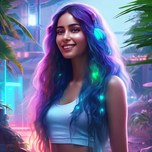 Prompt: attractive hot late-twenties  egyptian woman female, light skin, smile, long blonde hair, casual clothes, tropical island, futuristic solarpunk, portrait, realistic details, photorealistic, 8k render, cinematic lighting, ultra detailed