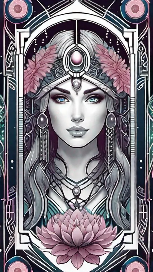Prompt: tarot card style + intricate border + young soft featured goddess portrait, detailed sci-fi illustration, pentagram + intricate Celtic illustration + 