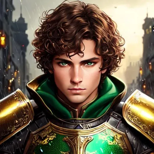 Prompt: 4K, 16K, high quality, extremely detailed, highly realistic, picture quality, brown short hair (curly - wavy ) (male) green eyes, red eyeliner, knight armor ( gold - silver ), steel sword, dystopian city, war-zone, fantasy, flames, crows, raining, knight/general (male) green eyes