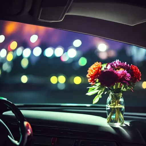 Prompt: vase of flowers on dashboard in car at night. interior light

