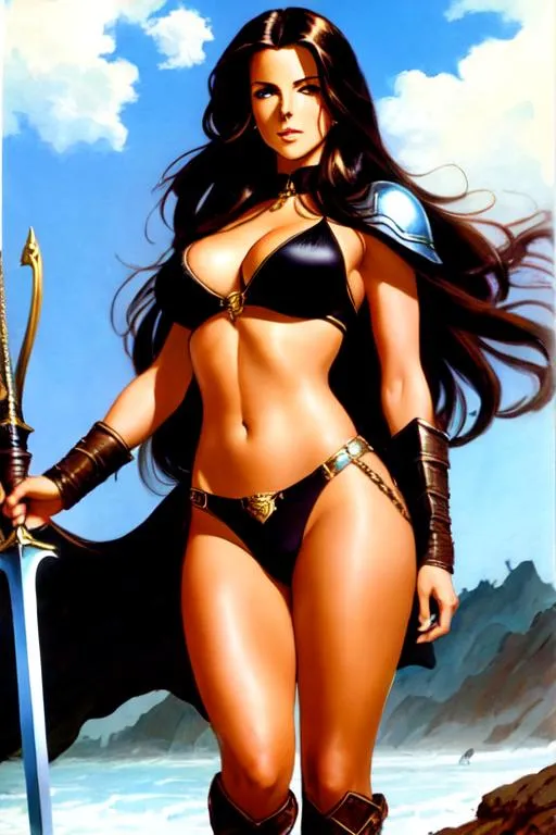 Prompt: {Kate Beckinsale}, long brown hair, dark skin, frank frazetta style art, hair black, shining bikini armor, cleavage, best quality, standing, battlefield,  sword in hand, high quality 