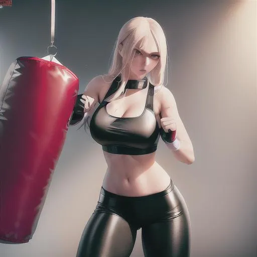 Prompt: punching bag punching, high quality, bloody, punching bag,Best quality, tall girl, (punching bag:1.2), master piece, leggings , muscle, bloody punching bag, latex ,ultra detailed, realistic, 4k, fight punching, open finger gloves ,anime style,punching fighting, beauty girl, pretty ,detailed face, broken punching bag, punching bag pierce