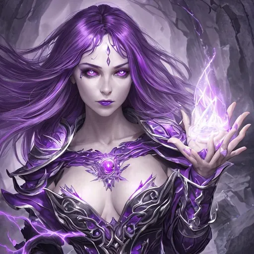 Prompt: A ultra realistic portrait of a sorceress. Her outfit is purple and silver. Magic energy is coursing through her skin and coming from her glowing eyes. The ground in crumbling beneath her.