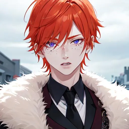 Prompt: Erikku male (short ginger hair, freckles, right eye blue left eye purple) UHD, 8K, Highly detailed, insane detail, best quality, high quality. As the godfather, mafia, crime lord