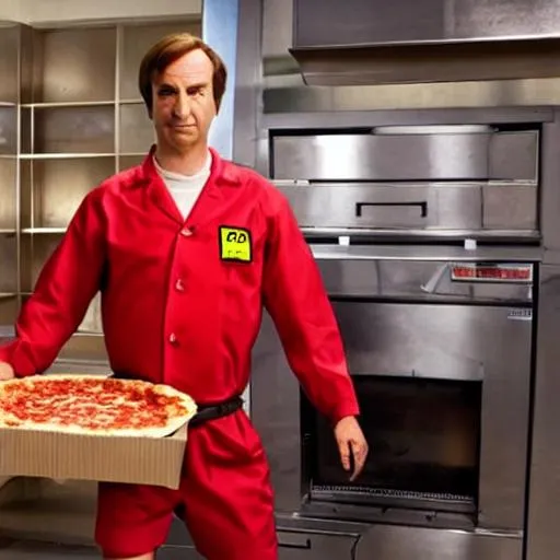 Prompt: Saul Goodman delivering a pizza wearing a pizza delivery outfit