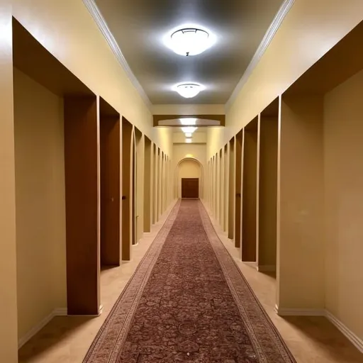 Prompt: long hallway, backrooms