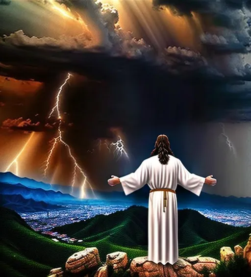 Prompt: Jesus Christ stands defiantly wearing a white robe. A big city next to a valley. Over the valley hangs a dark, raging storm. Jesus Christ defiantly stands between the storm and the city with one hand stretched out.