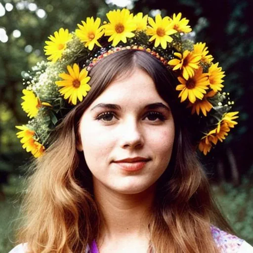 Prompt: A photograph of a 1960s hippie girl with flowers in her hair