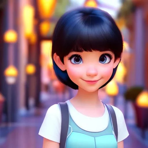 Prompt: Disney, Pixar art style, CGI, pale tween girl, with bangs and short black hair, dark  eyes, 