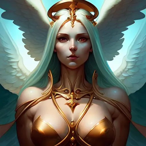 Prompt: EMANATION, Female, perfect body, perfect face, detailed body, detailed face, holy radiance, photo-realistic, wide angel view, in the style of Peter Mohrbacher.