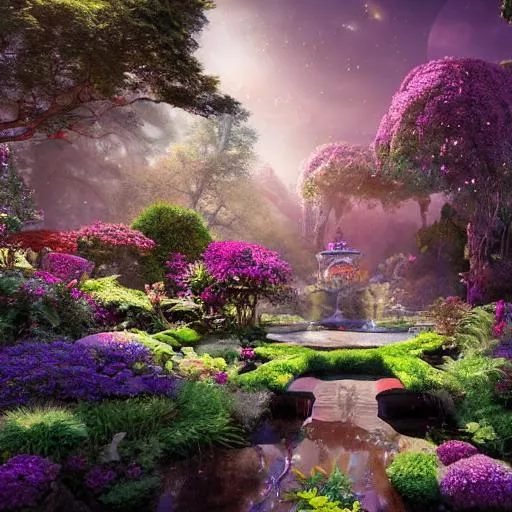 Prompt: Gardens, cosmic fantasy flowing streams and exotic gardens with intricate walking paths, gazebo, 4k Resolution, Art, Digital Art, Perfect Composition, Beautiful Detailed Intricate Insanely Detailed Octane Render Trending On Artstation, 8 K Artistic Photography, Photorealistic Concept Art, Soft Natural Volumetric Cinematic Perfect Light, Chiaroscuro, Award - Winning Photograph, Masterpiece, Oil On Canvas, Raphael, Caravaggio, Greg Rutkowski, Beeple, Beksinski, Giger