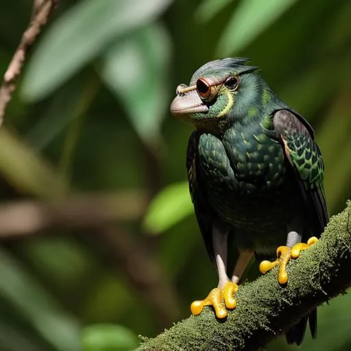 Prompt: dark green frog, dark green monkey, dark green hawk, feathers, with glasses,